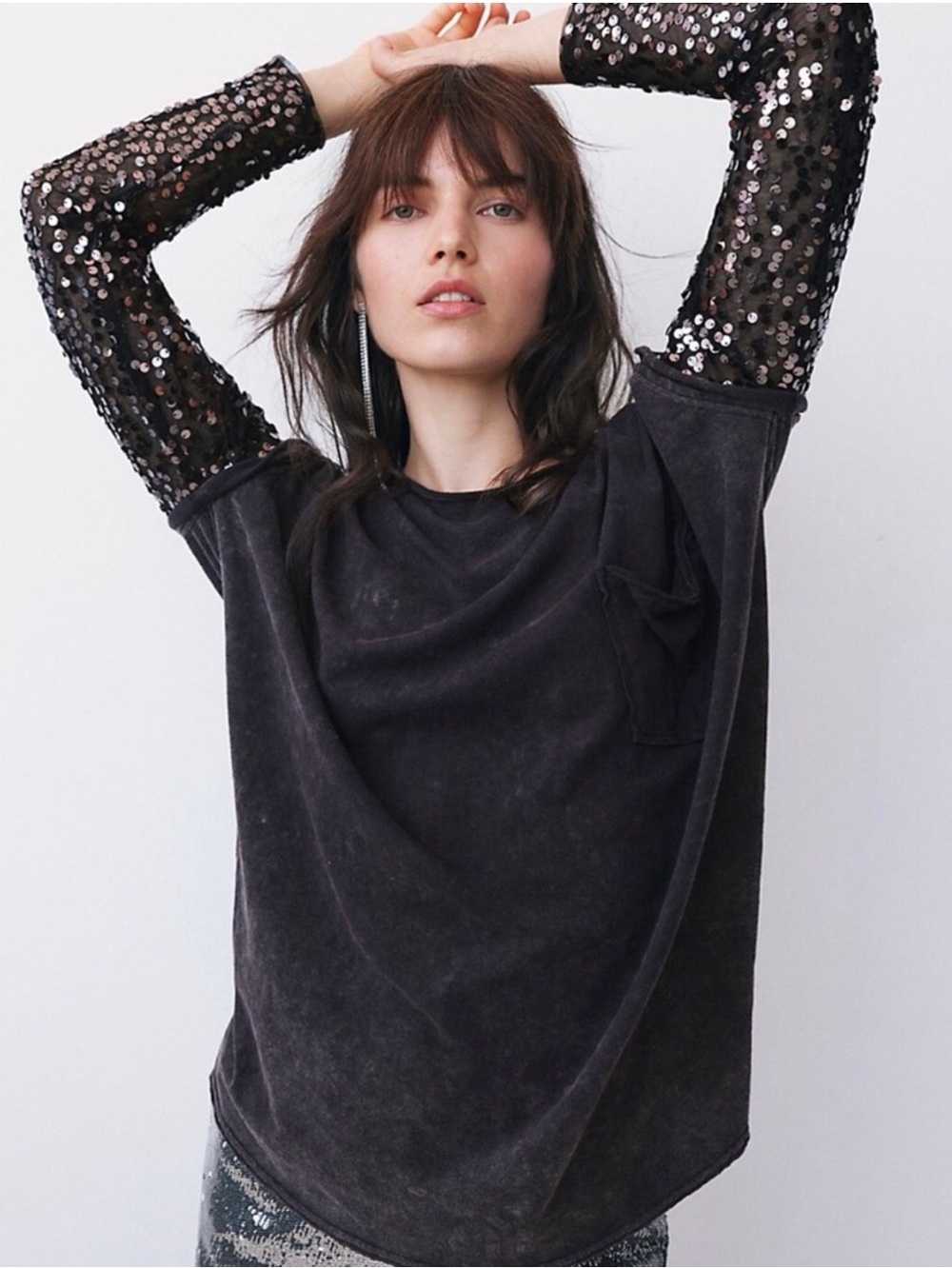 Free People Size Small Black Celine Top Sequins Long Sleeve Boho Oversized